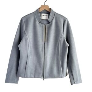 AMS Pure Wool Blend Mockneck Zip Front Blazer Jacket in Light Grey Blue, Size 12